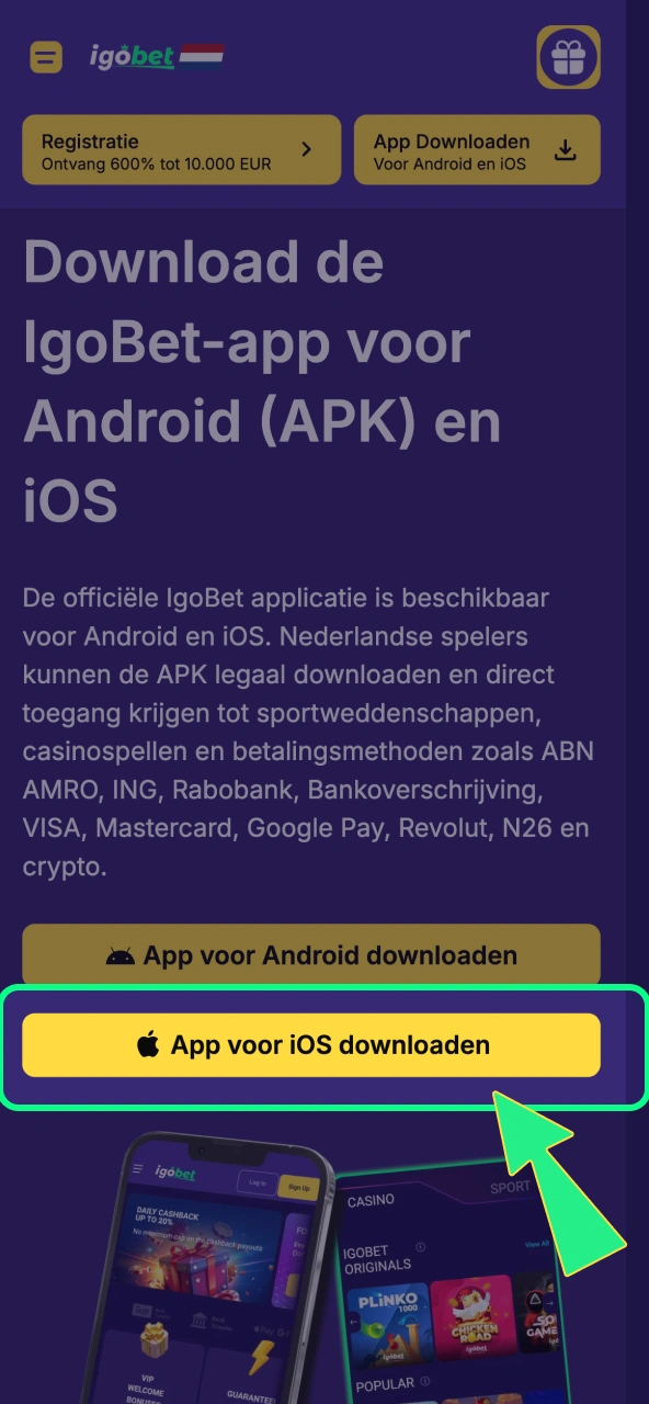 IgoBet iOS‑download opent installatiepagina via officiële knop hieronder.