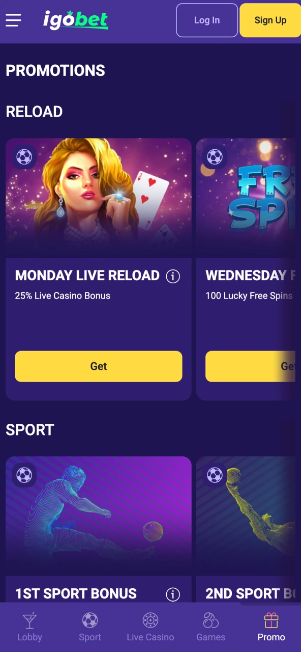 IgoBet appbonussen toont mobiele promoties.