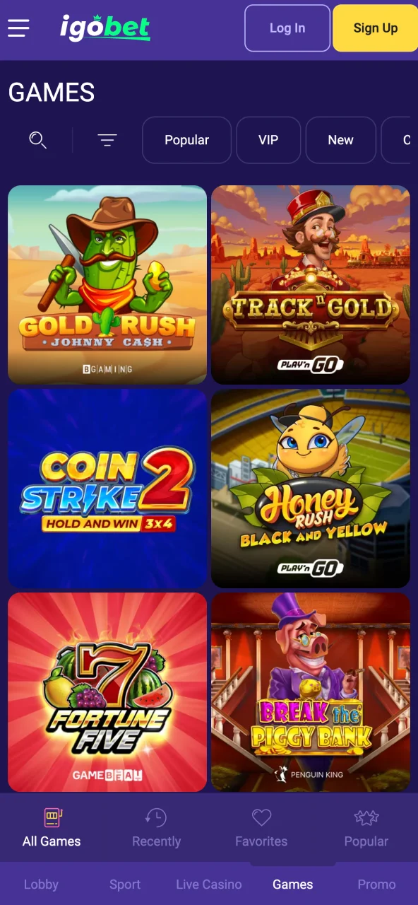 IgoBet mobiele casinosectie laat categorieën zien.