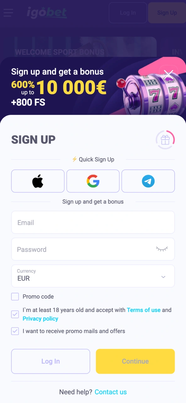 Registratie IgoBet app maakt nieuw account aan.