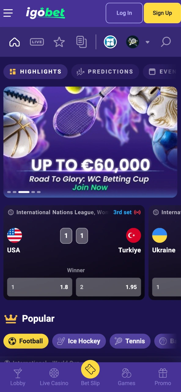 Sport IgoBet app presenteert live en prematch markten.