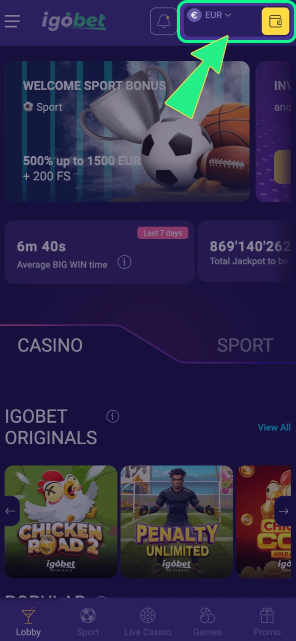 Opnamepagina opent bij IgoBet via het accountmenu.