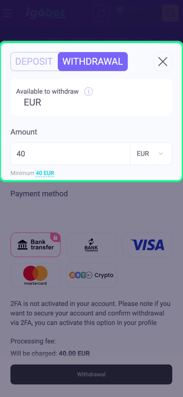 Opnameveld bij IgoBet ondersteunt bedragen vanaf tien euro.