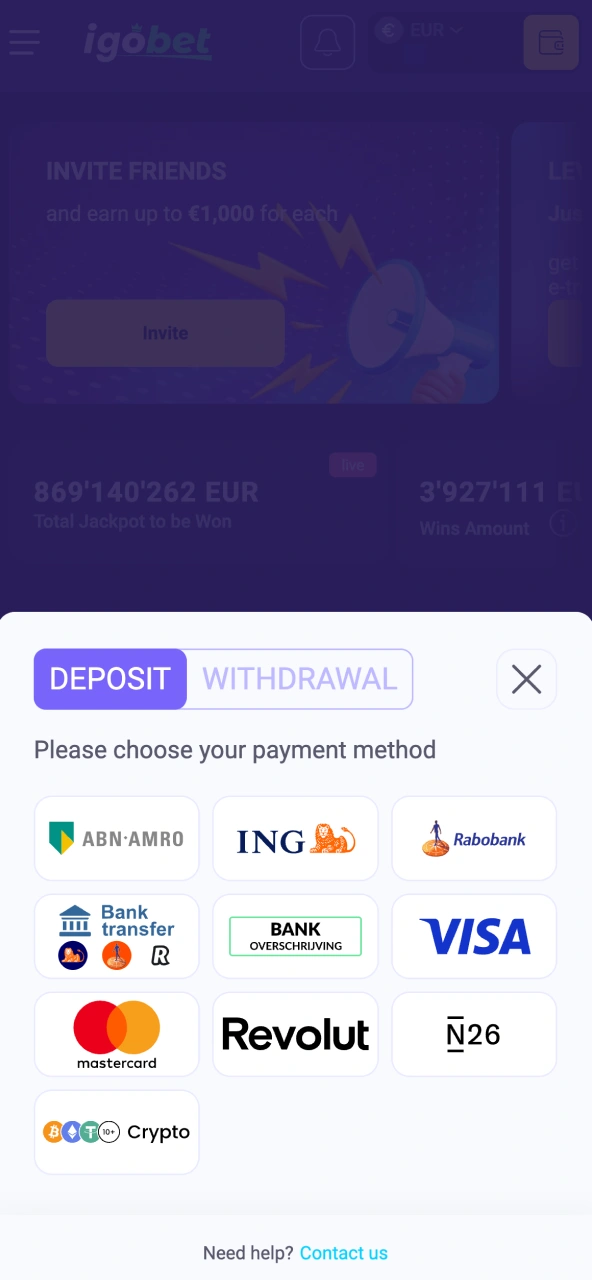 IgoBet ondersteunt banken, kaarten en crypto voor stortingen.