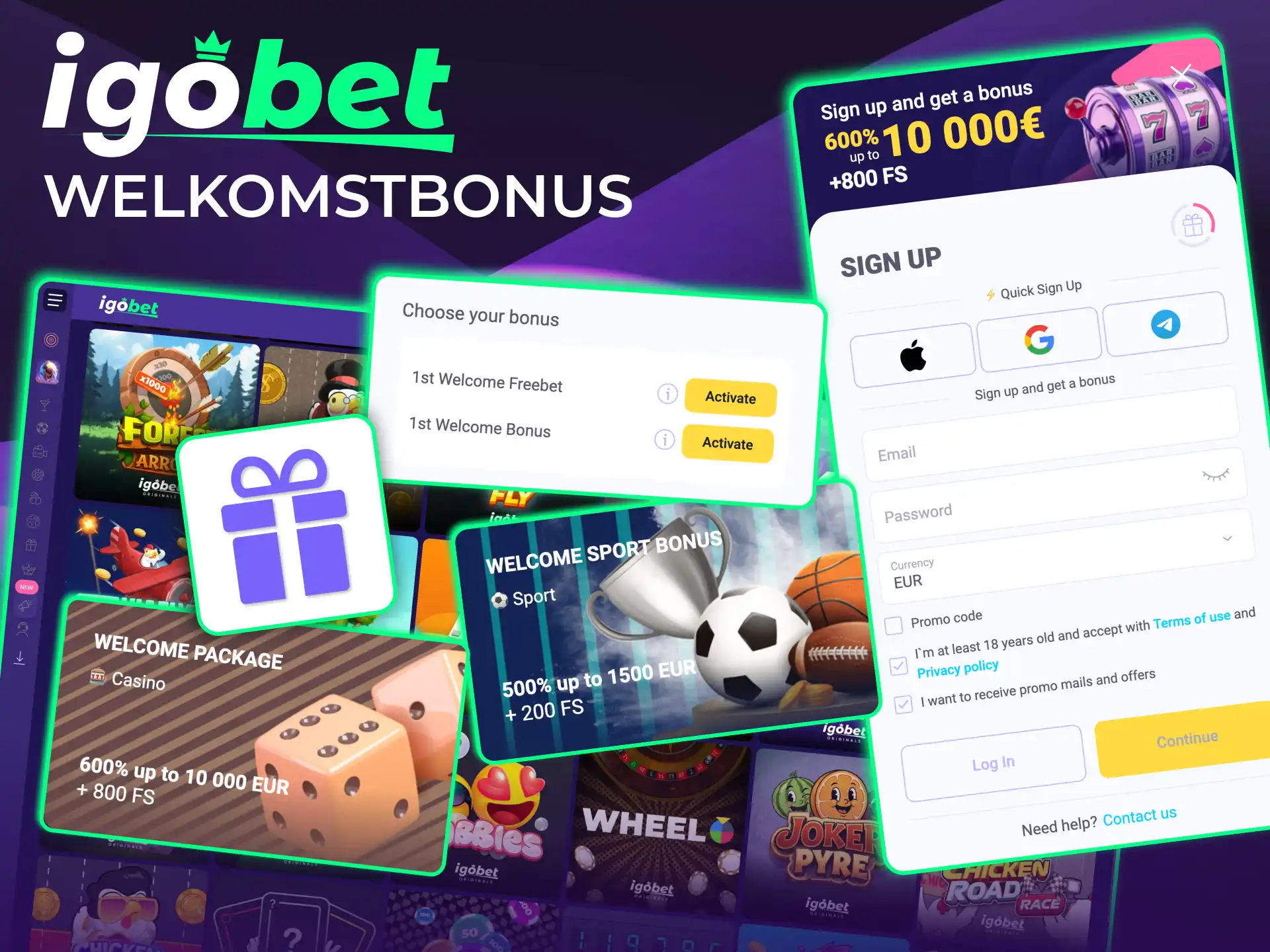 IgoBet welkomstpakket biedt 300 EUR sportbonus en 600% casinobonus met spins.