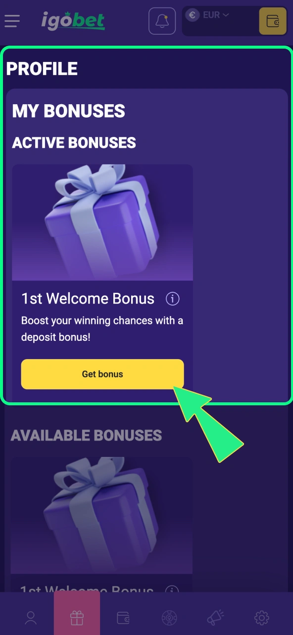 Bonus verschijnt direct op je IgoBet account na storting.