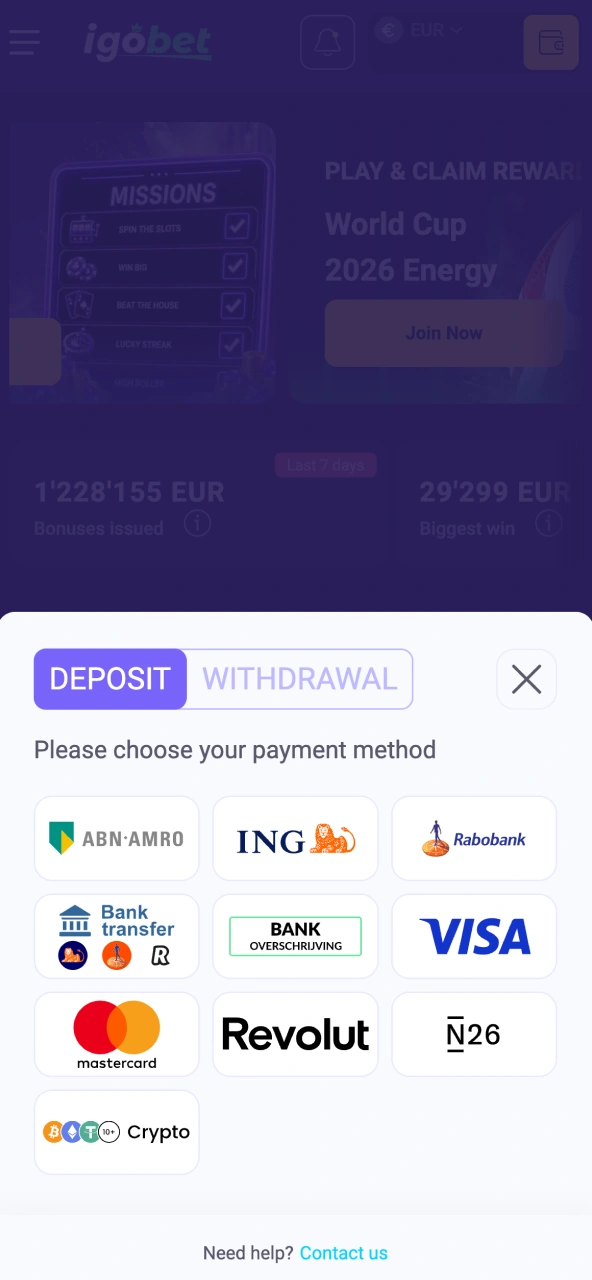 IgoBet eerste storting via iDEAL, Visa of Mastercard.