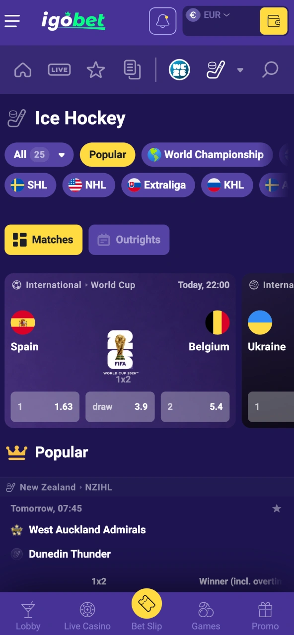 Markt bekijken bij IgoBet en direct een ijshockeyuitkomst kiezen.