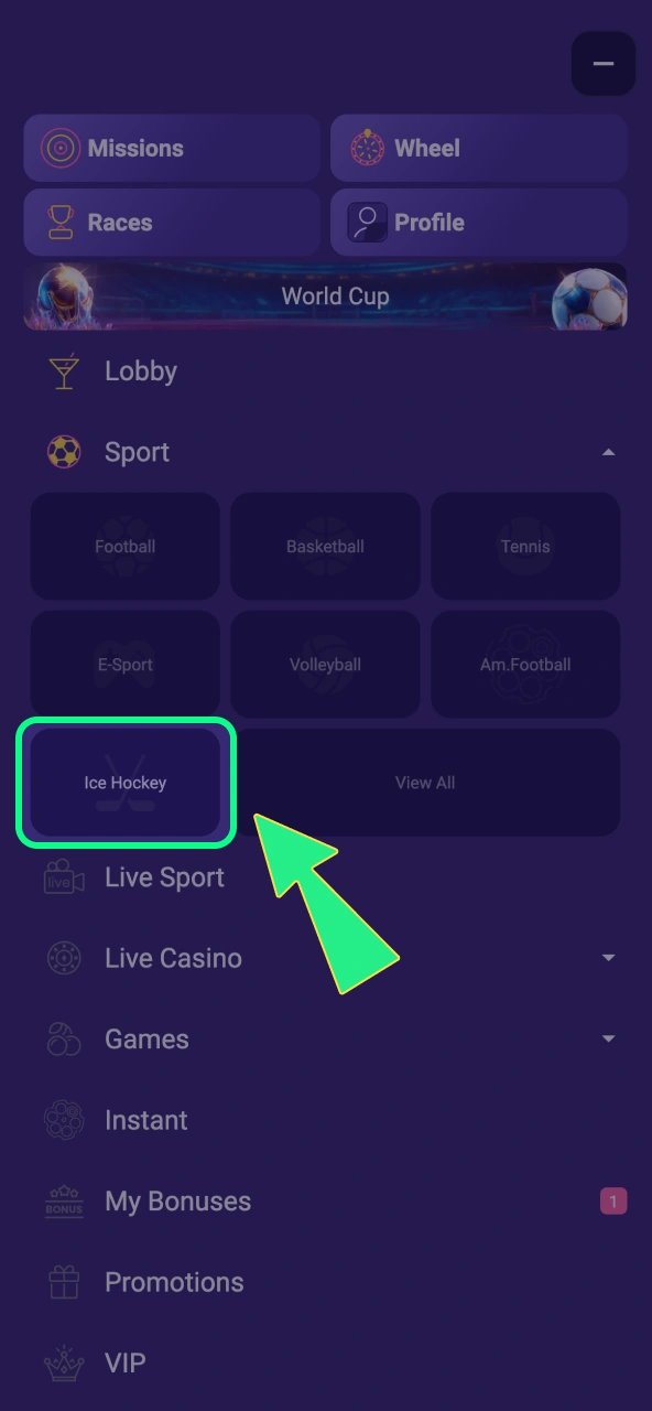 Sportsectie openen bij IgoBet leidt direct naar IJshockey.