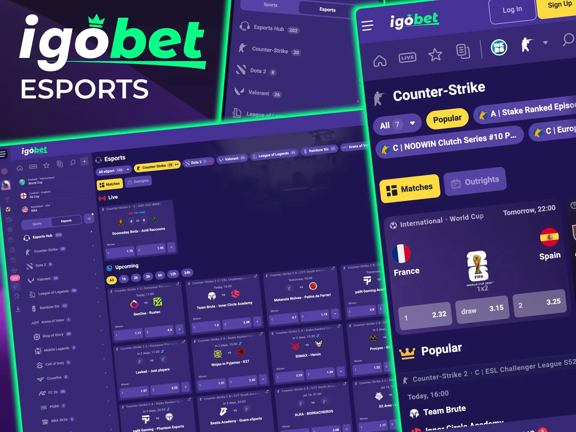 IgoBet esportssectie biedt weddenschappen op StarCraft, Dota 2, CS2 en LoL.