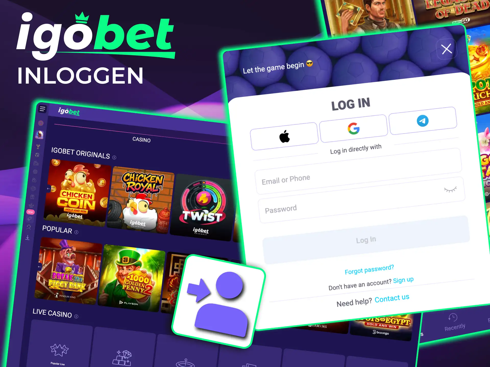 Inloggen bij IgoBet geeft direct toegang tot saldo, bonussen en spelcategorieën.