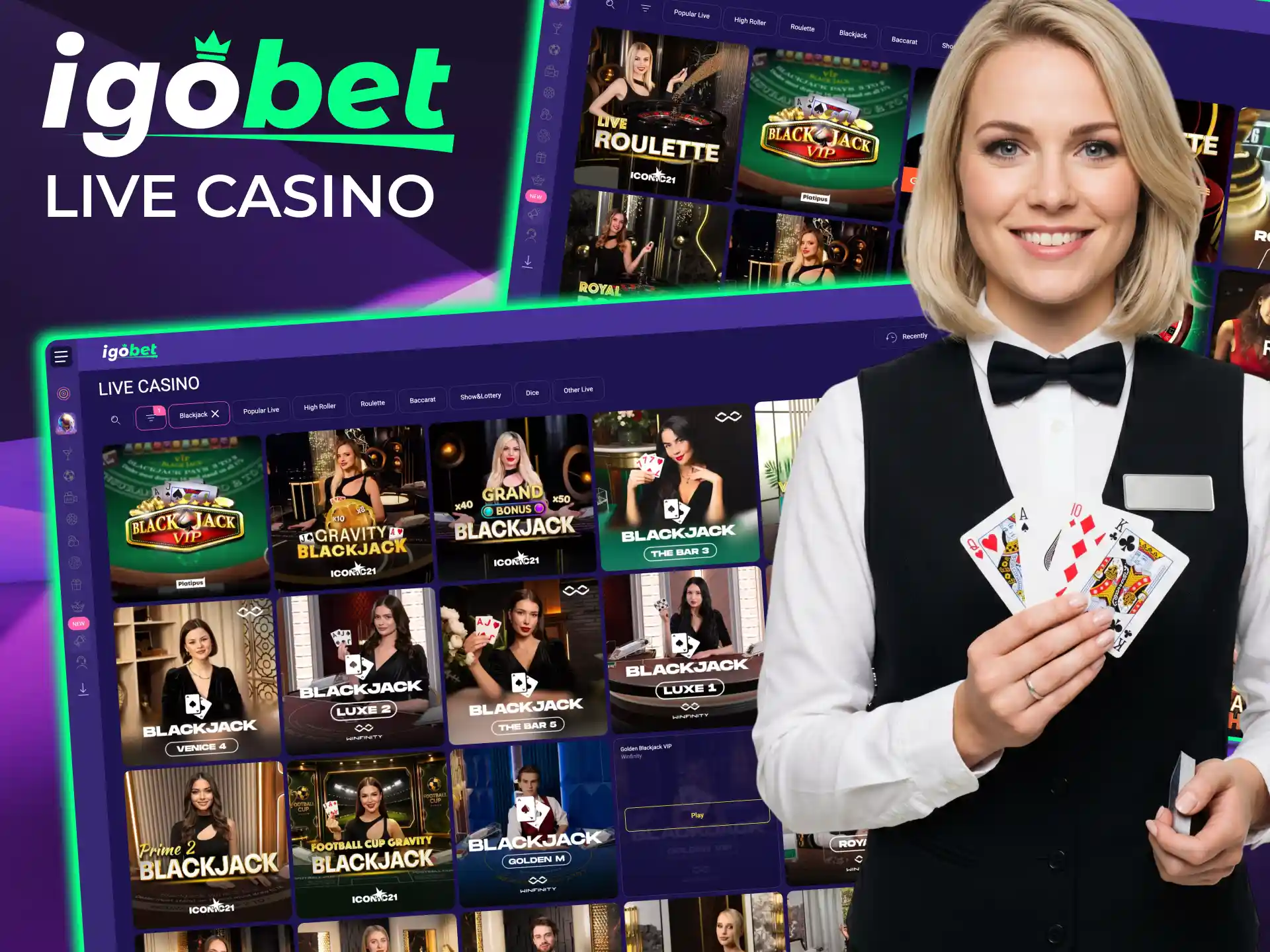 Live tafels IgoBet tonen blackjack, roulette, baccarat en Hold’em.