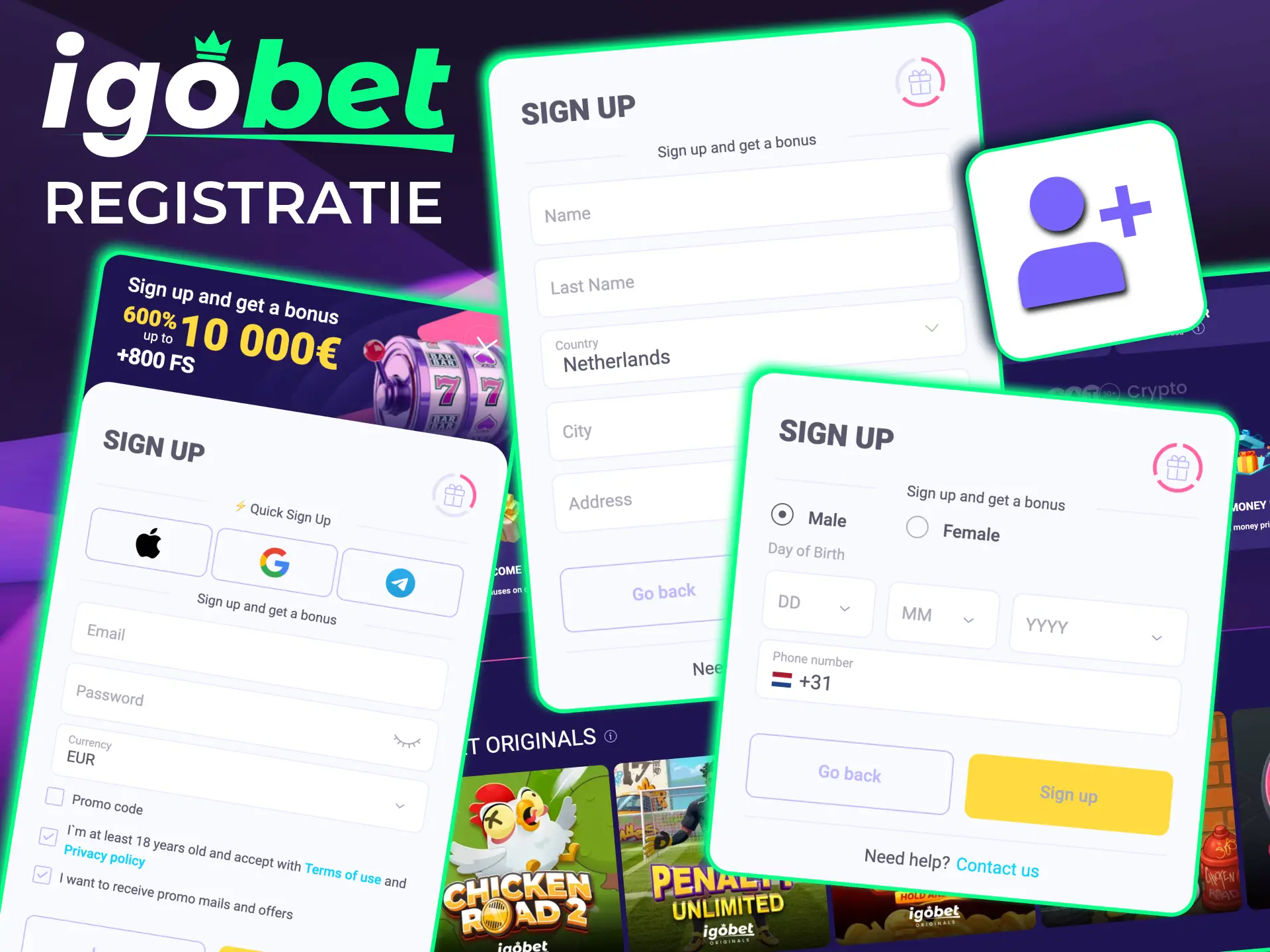 IgoBet registratieproces start met Registreren en invullen van e‑mail, wachtwoord en gegevens.