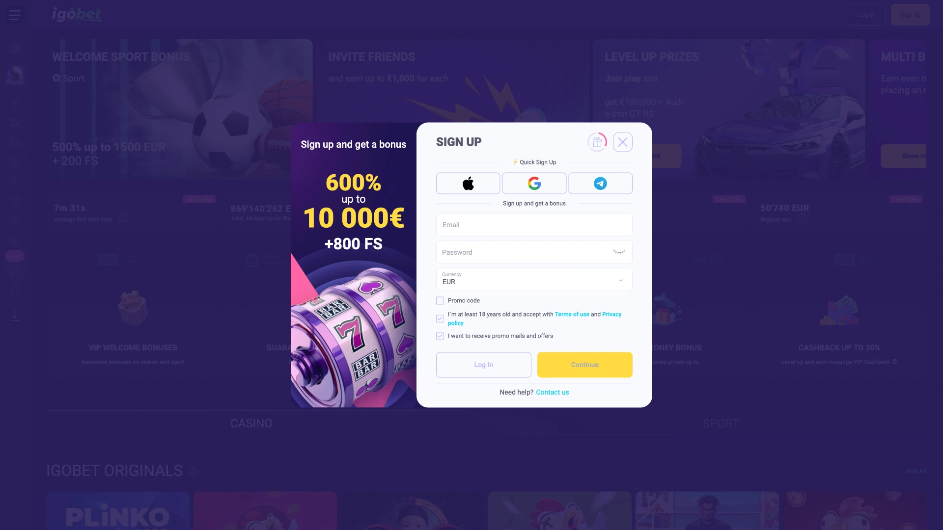 Registratiepaneel IgoBet toont velden voor gegevensinvoer.