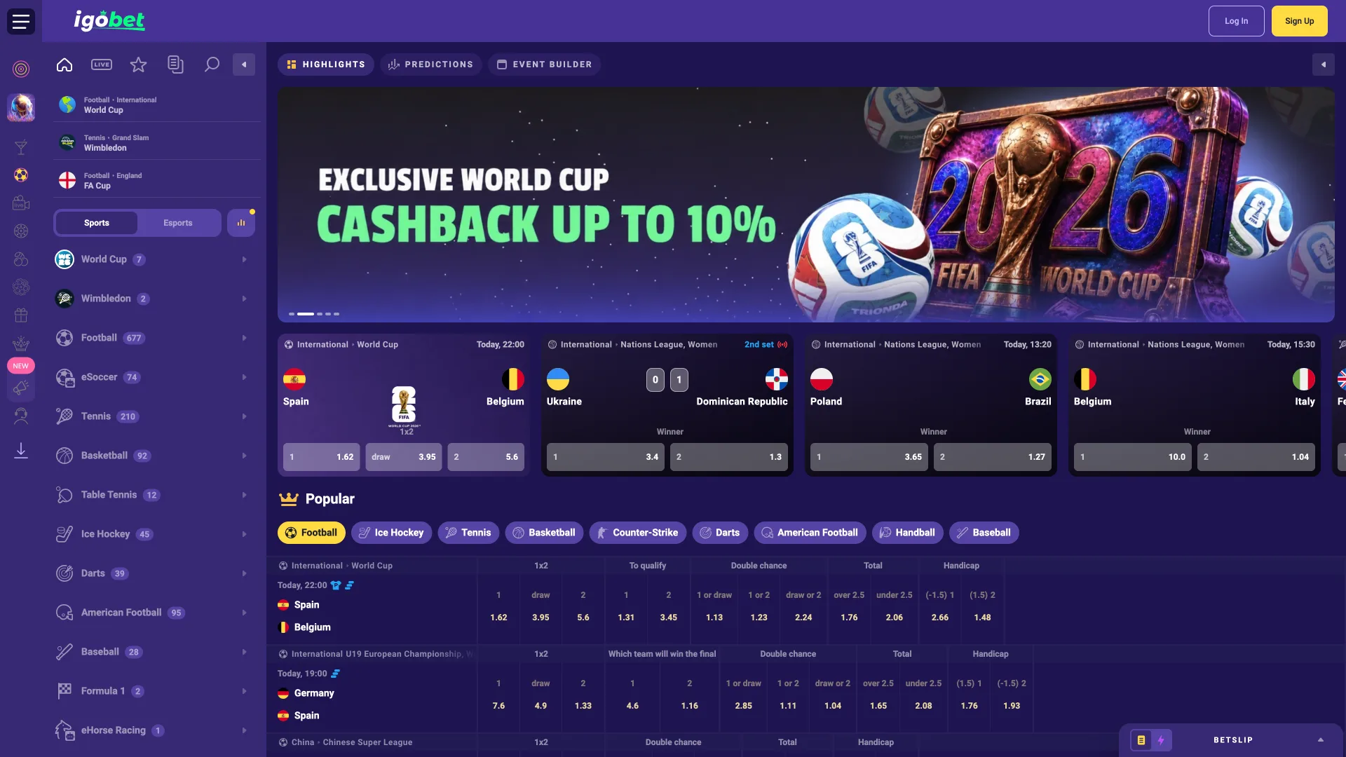 Desktop sportsbook IgoBet biedt brede sportdekking.