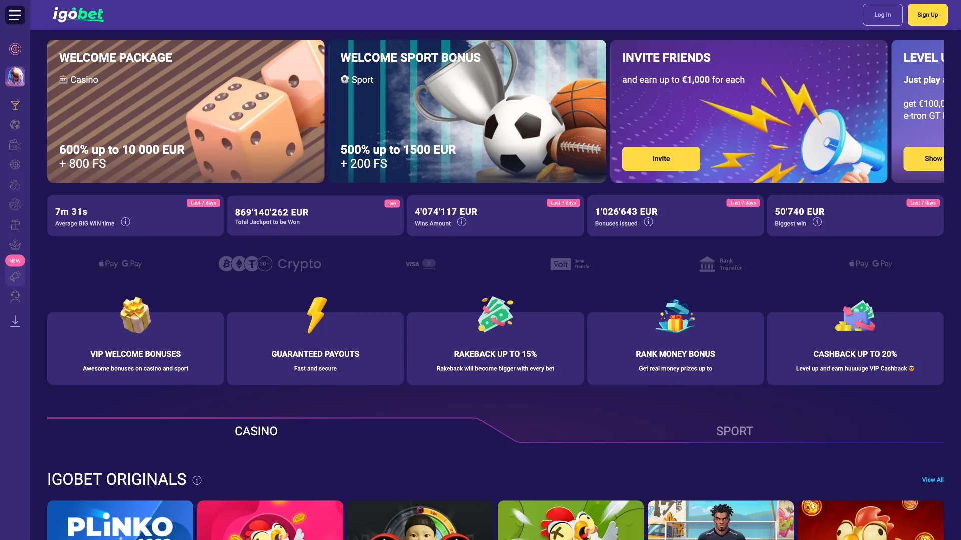 IgoBet desktophome toont hoofdmenu en platformoverzicht.