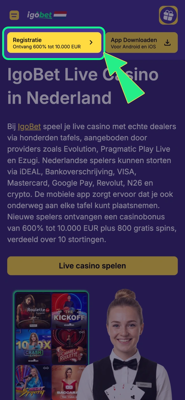 IgoBet vraagt basisgegevens en identiteitscheck om account te voltooien.