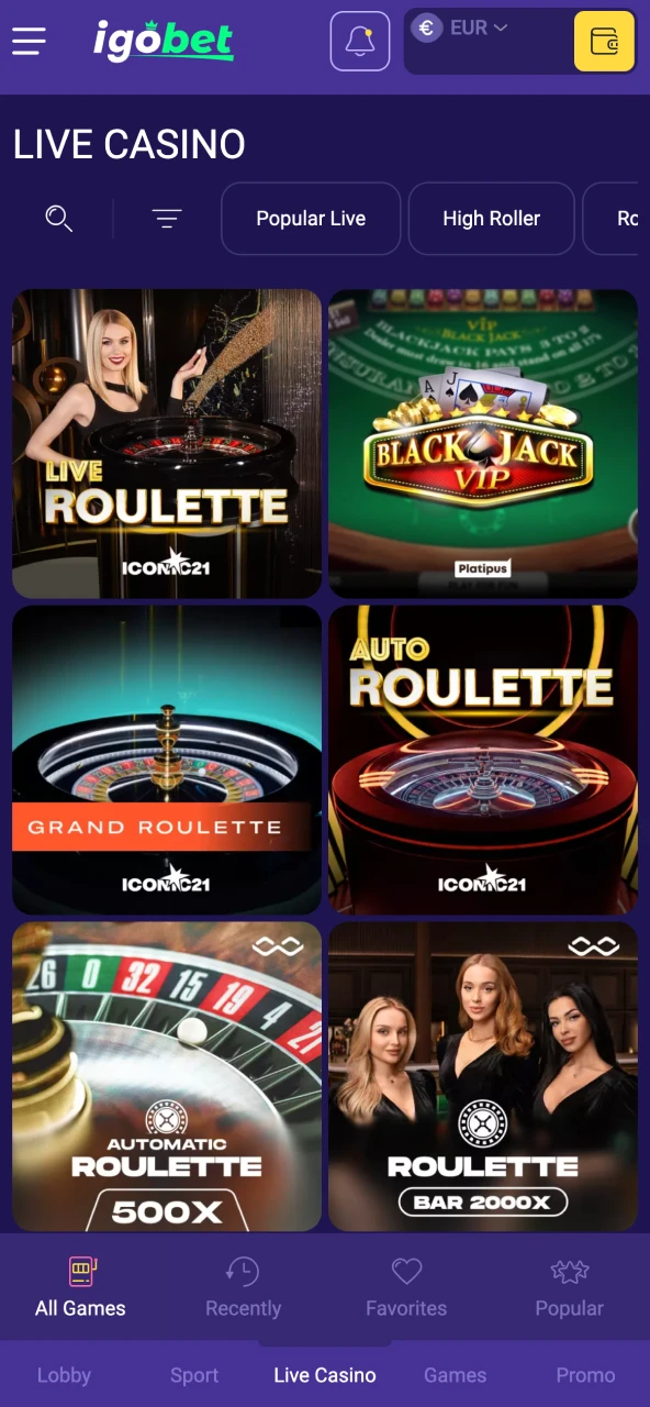 Live sectie openen bij IgoBet voor tafels en gameshows.