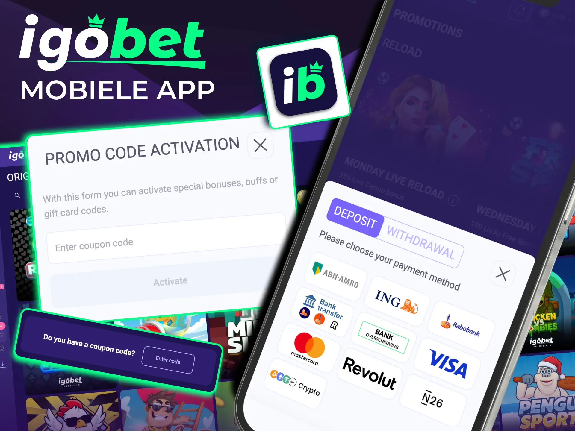 Mobiele IgoBet bonus activeert promotiecode na downloaden en inloggen.