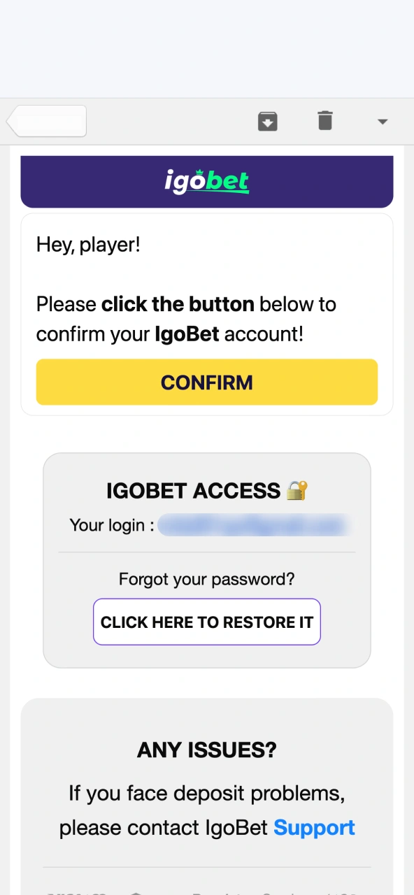 E‑mail verificatie bij IgoBet via link in je mailbox.