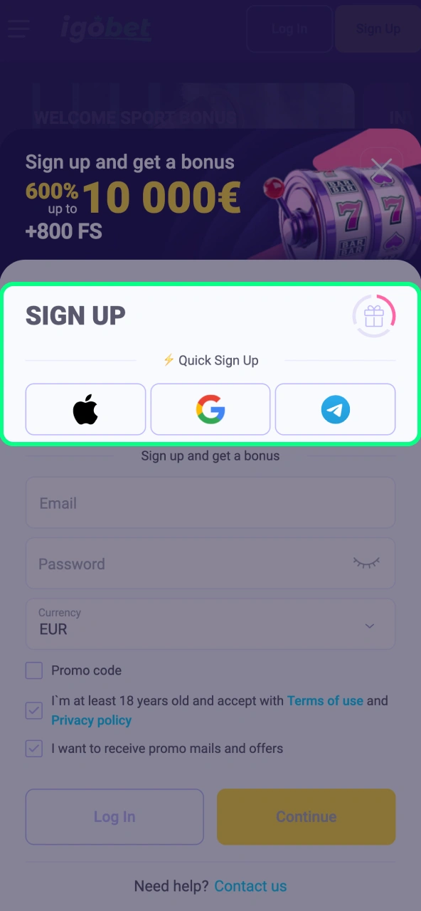 Registreren bij IgoBet kan via formulier of beschikbaar sociaal profiel.