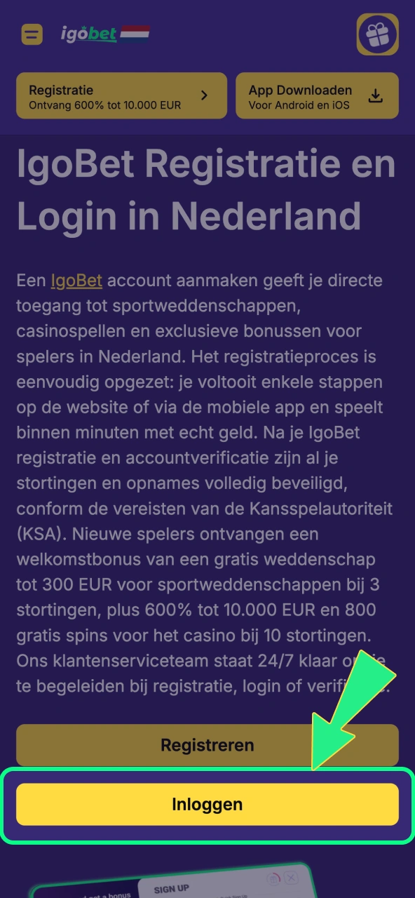 Knop openen leidt je naar de IgoBet inlogpagina.