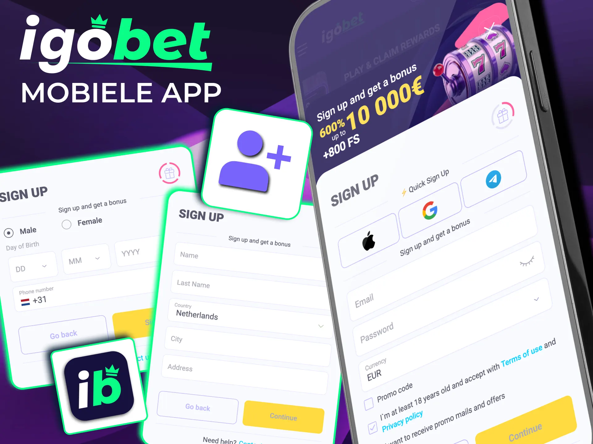 Mobiele aanmelding IgoBet gebruikt e‑mail of sociale loginoptie voor account.