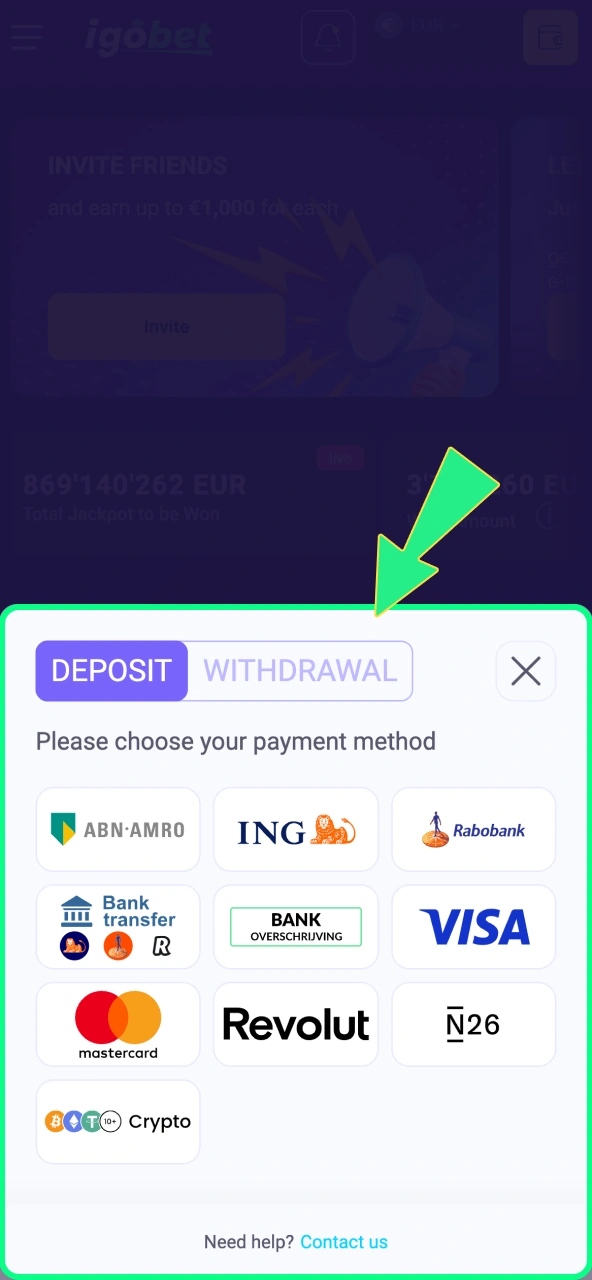 Storting uitvoeren via iDEAL, kaart of beschikbare opties bij IgoBet.