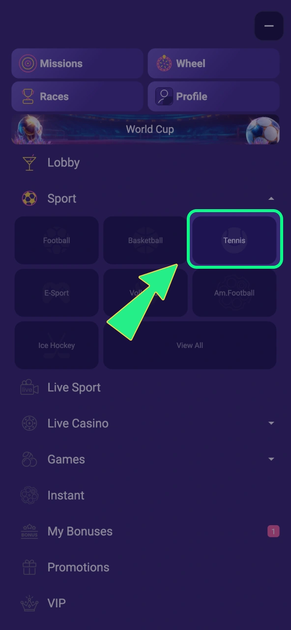 Tennis selecteren via IgoBet sportsmenu voor jouw tennisweddenschap.