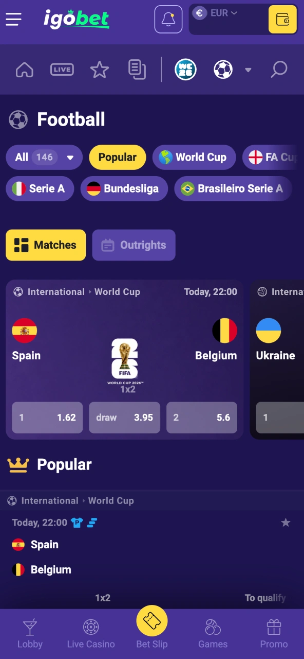 IgoBet wedstrijdkeuze selecteer match en markt zoals 1X2 of totaaldoelpunten.