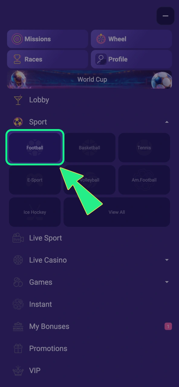 IgoBet sportsbook open hoofdmenu, kies Voetbal en blader door competities.