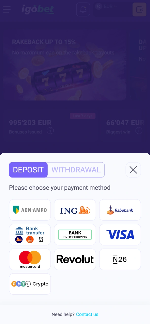 Stortingsbedrag invoeren op IgoBet en transactie afronden.
