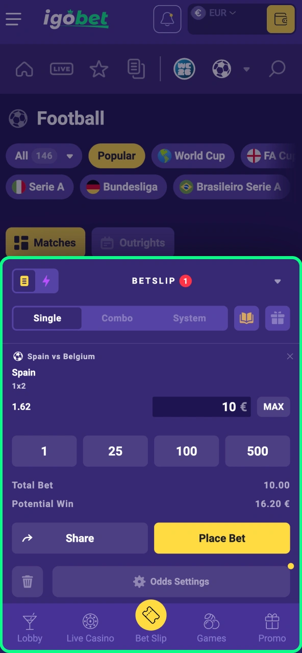 IgoBet bevestiging bedrag invullen, quota checken en weddenschap afronden.